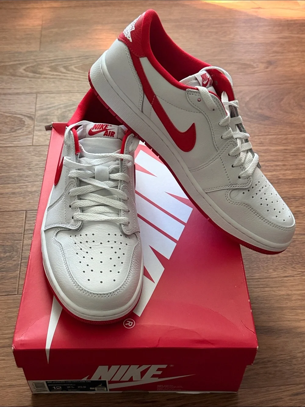 Brand New: Air Jordan 1 Low OG White and Red Sneakers.